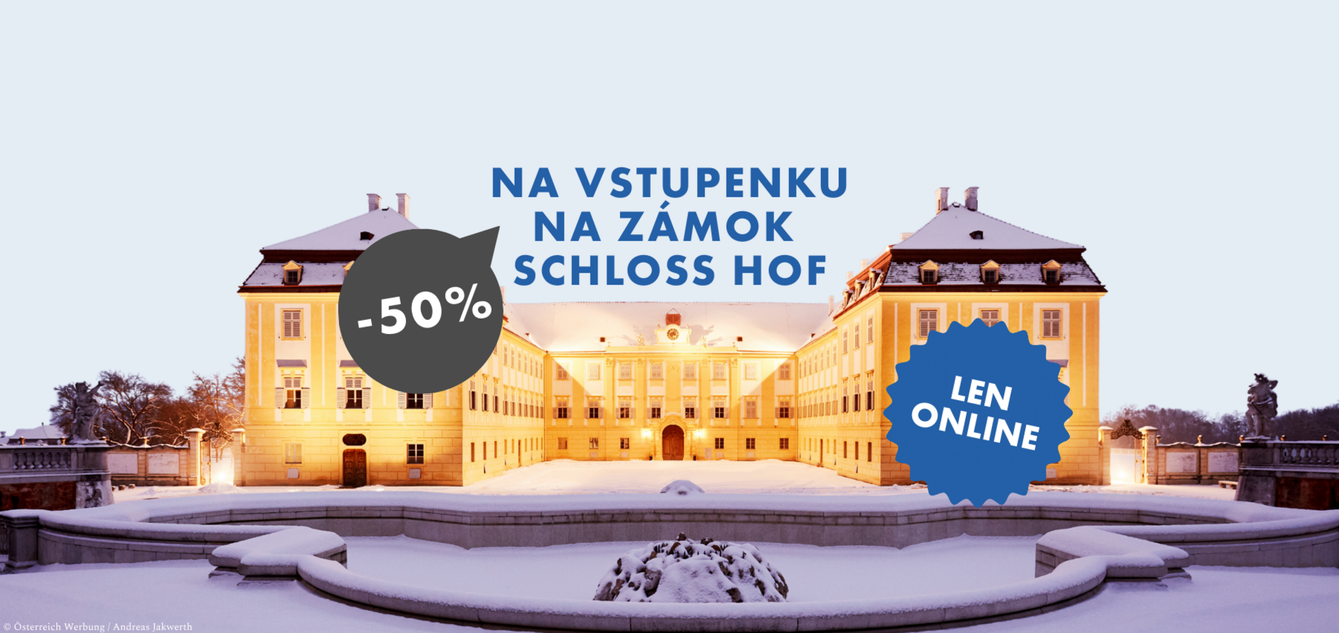 Zámok Schloss Hof v zime s nápisom „Kybernetický pondelok - 1. decembra 2025, -50 % a iba online“