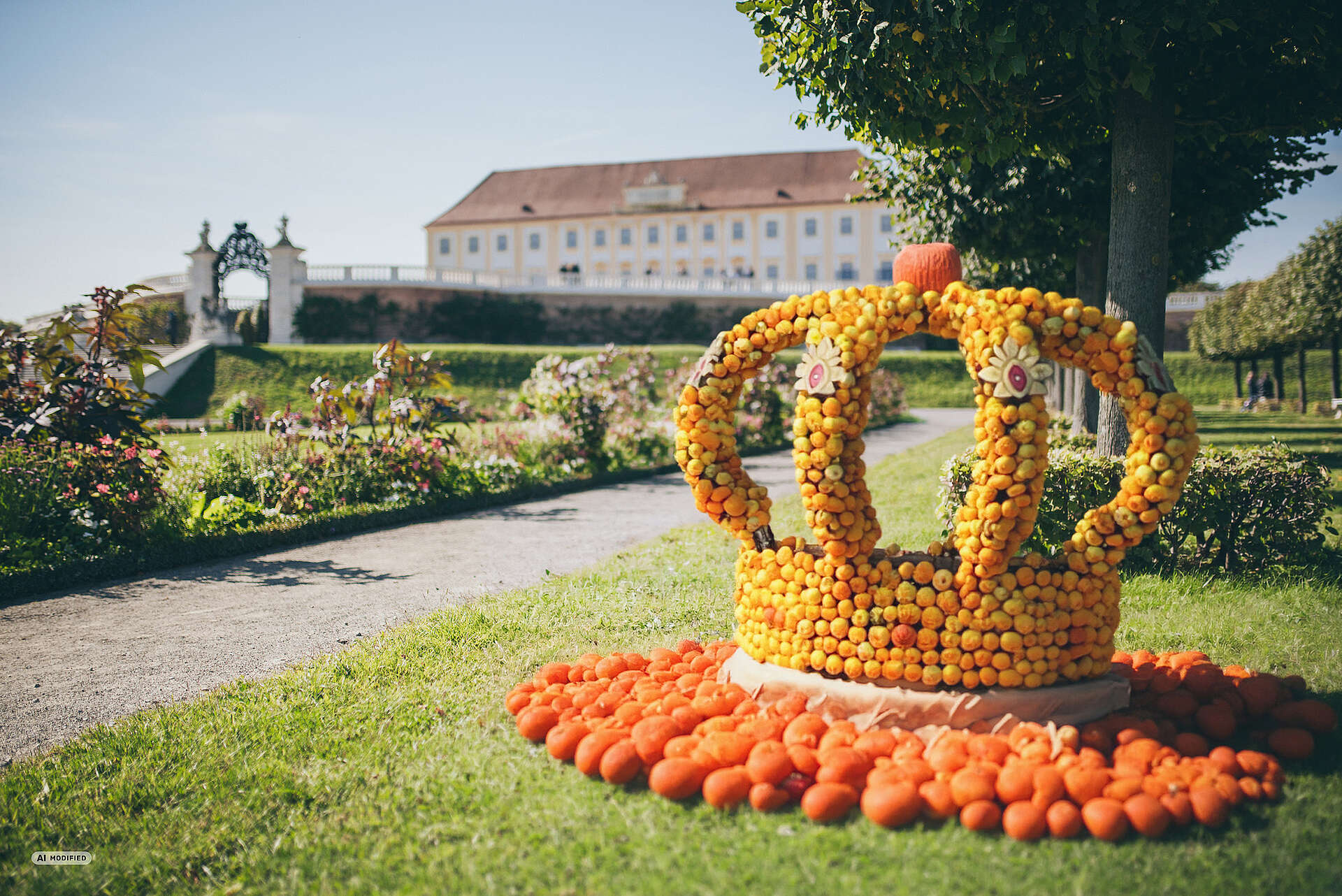 Kürbisskulptur in Kronenform vor Schloss Hof