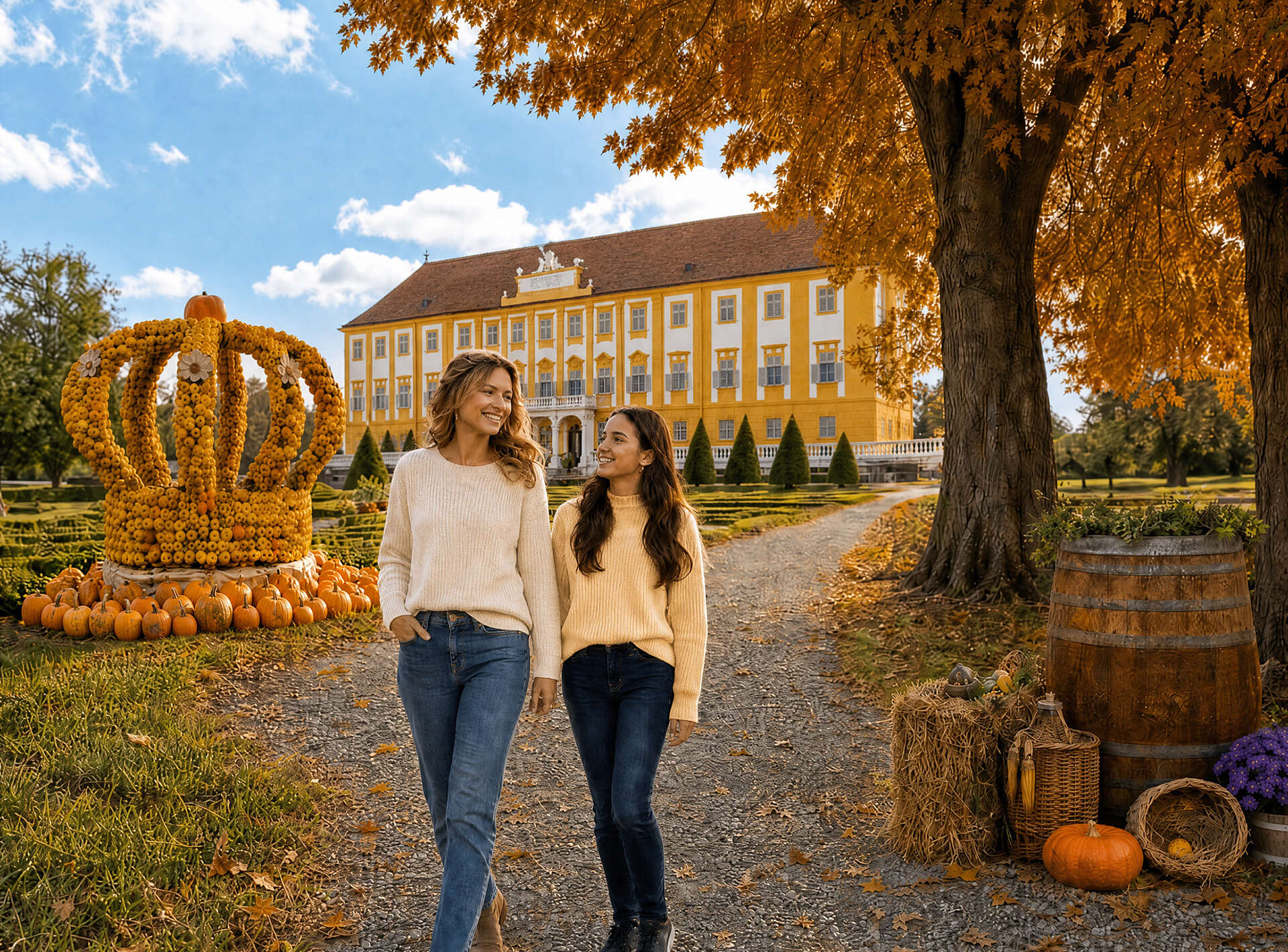 Mutter und Tochter spazieren im Herbst auf Schloss Hof, im Hintergrund sieht man eine Skulptur aus Kürbissen