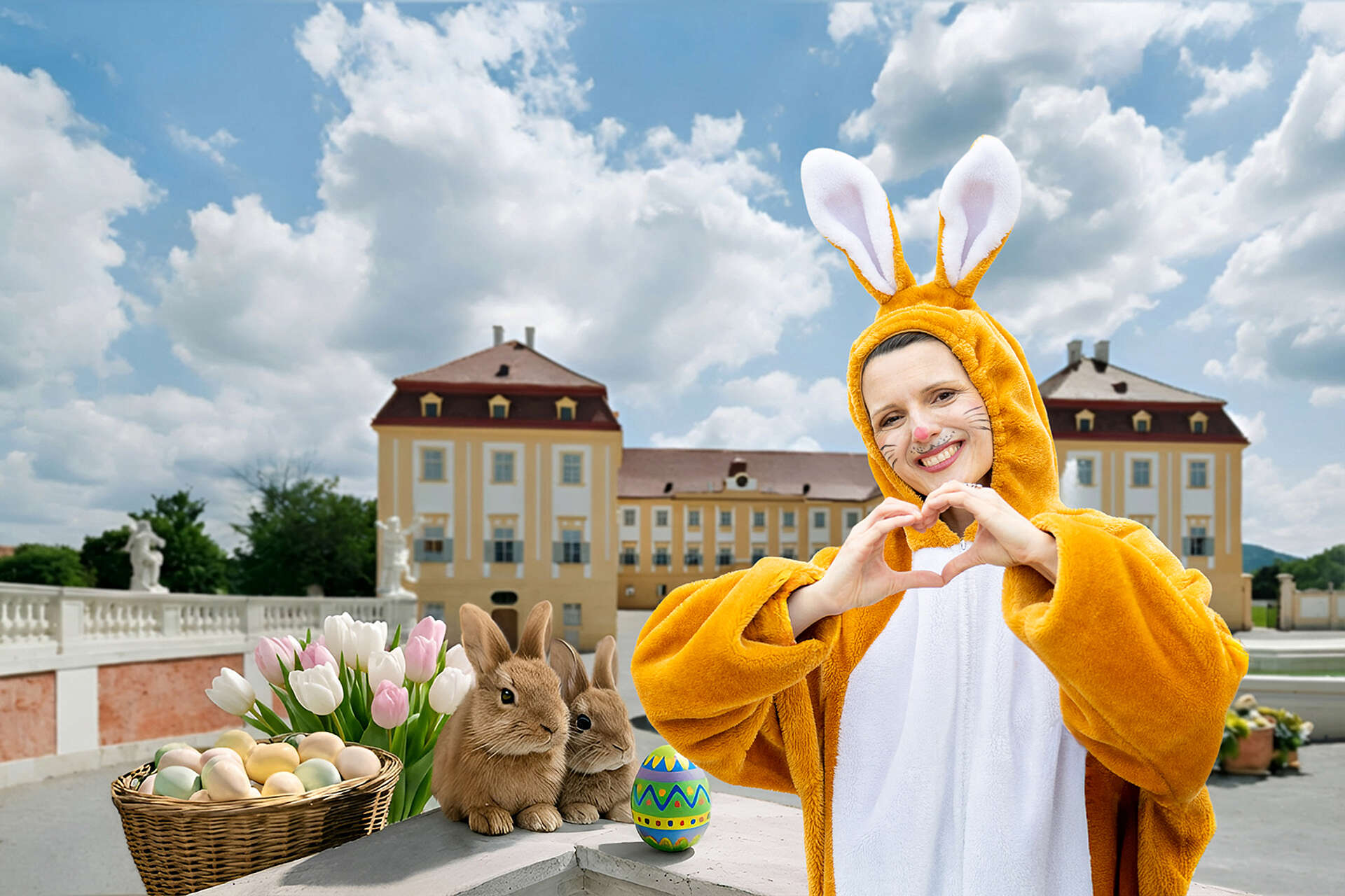 Hasen, Osterkorb und Tulpen und eine Frau als Osterhase verkleidet vor Schloss Hof